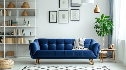 Blue sofa and bookcase. Scandinavian home interior design of modern living room