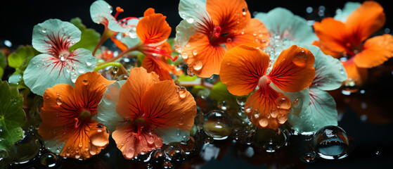 Close-up of nasturtium flowers with water droplets. - obrazy, fototapety, plakaty