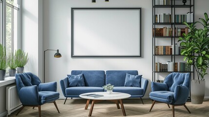 Blue chairs and loveseat sofa against grey wall with big frame poster, near bookcase. Mid-century, scandinavian home interior design of modern living room.