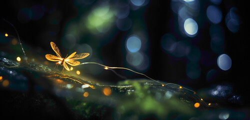 A macro shot of a luminous firefly in a dark, enchanted forest.