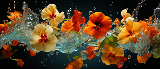 Close-up of nasturtium flowers with water droplets.