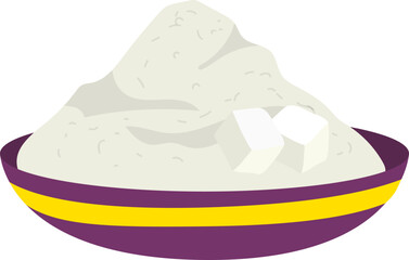 Bowl of sugar with cubes and granulated. Sweet white sugar ready to sweeten food. Cooking and baking essentials vector illustration.