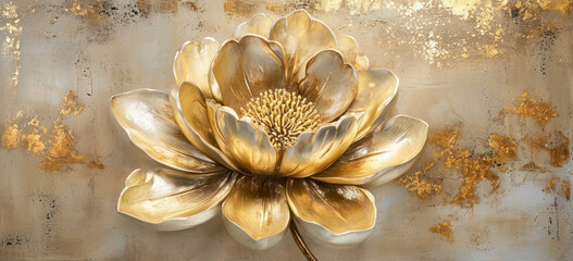 Golden flower sculpture on abstract textured background. Modern art and decoration.