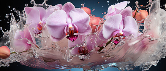 Elegant orchid bloom in water splashes and vivid contrast.