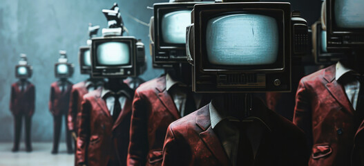 Group of people with television heads in suits standing in mist. Surreal art concept. - obrazy, fototapety, plakaty