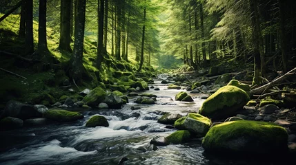 Fotobehang river with mossy rocks in the middle of a tropical forest © nomesart