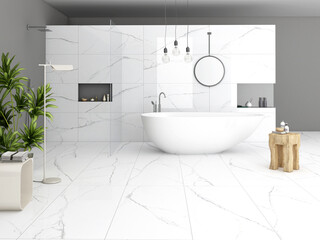 Luxury bathroom interior with grey and white marble wall, white bathtub, hanging lamps. 3D Rendering