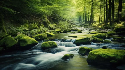 Foto op Aluminium river with mossy rocks in the middle of a tropical forest © nomesart