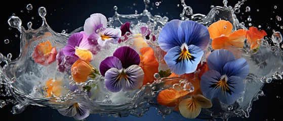 Poster Close-up of pansy flowers with water droplets on dark background. © smth.design