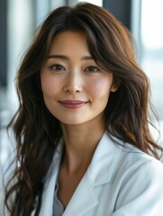 Japanese doctor in her thirties in a clinic. Portrait of an Asian female doctor in uniform