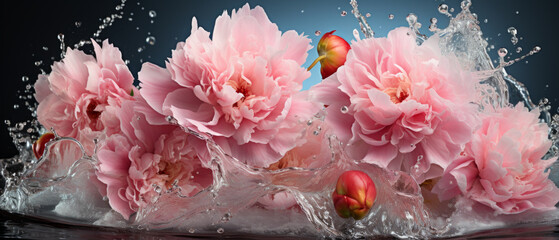 Close-up of pink peony flowers with water droplets. - obrazy, fototapety, plakaty