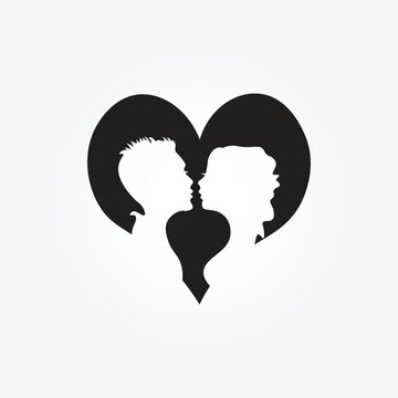 Minimal Couple Art Man and woman Faces Vector logo. Couple print, Kiss print, Valentines Day Illustration