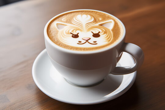 Cute cat latte art coffee in white cup on wood table, cute cat cappuccino art,  Generated AI