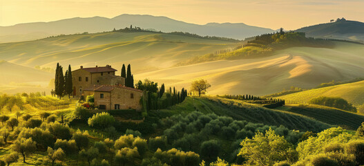 Tuscan landscape at sunrise with rolling hills and farmhouses. Rural Italy. - obrazy, fototapety, plakaty