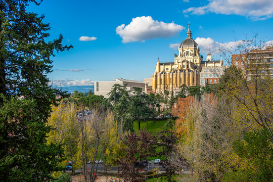 Elevated view of the Almudena cathedral of the city of Madrid in Spain