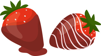 Two strawberries, one dipped in chocolate with decorative white lines. Sweet treat, dessert concept, romantic treat idea vector illustration.