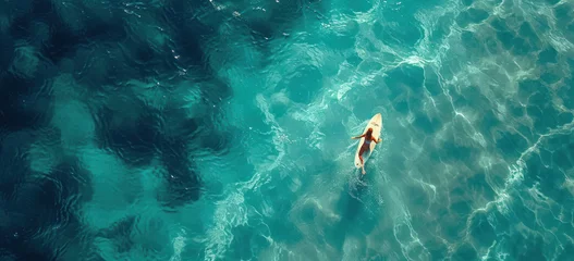 Keuken spatwand met foto Woman swimming alone in clear ocean water. Solitude and tranquility. © Postproduction