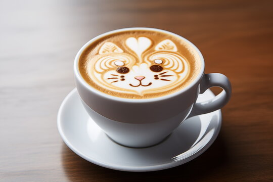 Cute cat latte art coffee in white cup on wood table, cute cat cappuccino art,  Generated AI