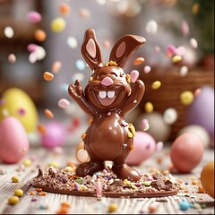 Easter bunny chocolate figure in a festive celebration, dancing, party,