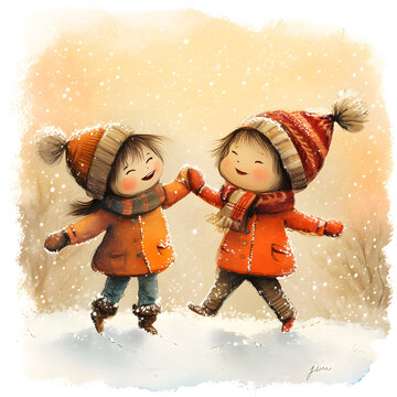 Children playing in the snow isolated on white background, grunge, png
