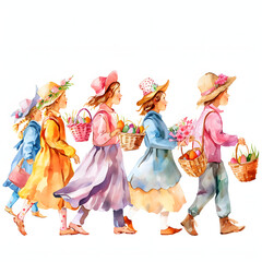 Easter parade with people in festive attire isolated on white background, watercolor, png
