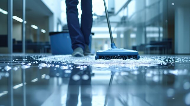 Generative AI, Housekeeping, cleaning, person with a mop to clean the floor. Office or domestic worker, cleaner and housewife