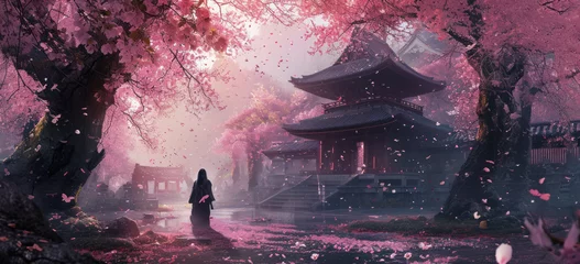 Gordijnen Tranquil scene with woman walking under cherry blossoms near temple. Serenity and nature. © Postproduction