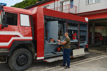 A dedicated firefighter preparing a modern firetruck for deployment to hazardous fire-stricken...