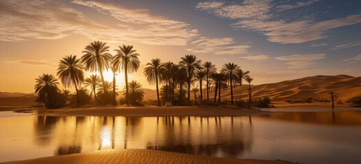 Oasis in desert with palm trees and water at sunset. Tranquil nature scene. - Powered by Adobe