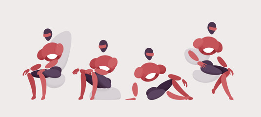 Embodied computer guard in sitting pose, AI abstract male figure representing security program, artificial intelligence, virtual assistant in body, digital appearance, minimalistic vector illustration