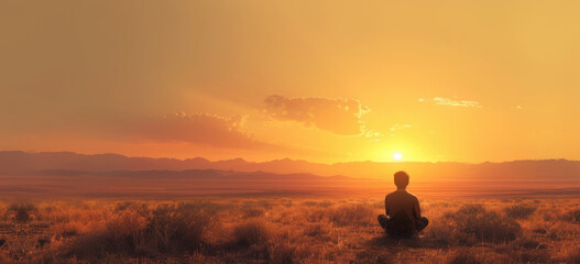 Person meditating in serene desert landscape at sunset. Mindfulness and serenity. - obrazy, fototapety, plakaty