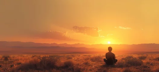 Zelfklevend Fotobehang Person meditating in serene desert landscape at sunset. Mindfulness and serenity. © Postproduction