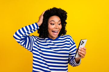 Photo of cheerful excited surprised girl curly hair wear stylish striped clothes webcam broadcast...