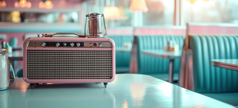Vintage radio on diner counter with retro turquoise seats. Nostalgia and retro style.