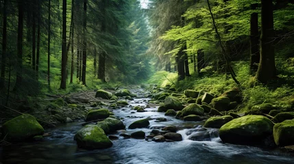 Fotobehang river with mossy rocks in the middle of a tropical forest © nomesart