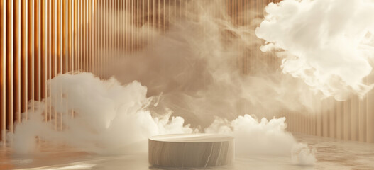 Minimalist product display with white smoke and wooden background. Modern stage showcase.
