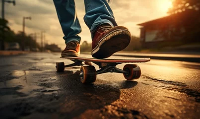 Foto op Plexiglas potrait skateboarder skateboarding with low angle at sunrise city skatepark. extreme sport © Tikka MS