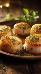 Fried scallops with spices on a dark
background. Homemade food, restaurant. Very tasty and healthy.