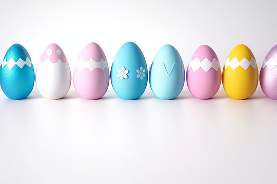 A row of pastel easter eggs on white background
