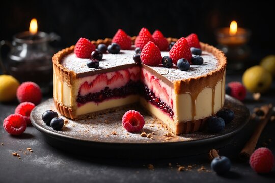 3d rendering, cake, food, bakery,  chocolate cake with berries
