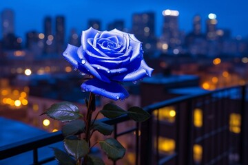 Blue rose against neon cityscape. Generative AI