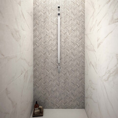 Grey marble wall, silver leader featured with utensils. 3D Rendering