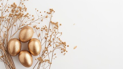 Stylish Easter gold eggs with golden dried flax linum bunch, white background. - Powered by Adobe