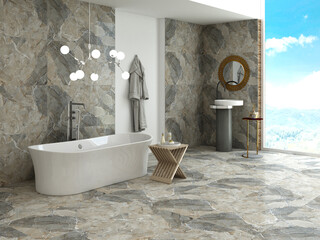 Luxury bathroom interior with marble floor and walls, white ceramic bathtub, hanging bathrobe. 3D Rendering