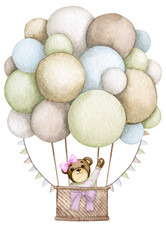 Obraz na płótnie Canvas Baby bear in a hot air balloon. Girl. Children's watercolor illustration. Birthday, baby shower, children's party. Design element for cards, posters, banners, logo, invitations, packaging. 