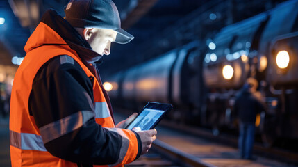 Inspector of wagons at freight train station looks in tablet computer. american railway man with tablet computer at freight train terminal