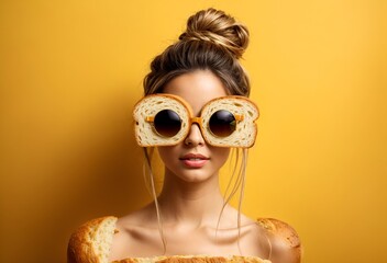 a woman donning glasses crafted entirely from bread