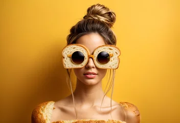 Stickers pour porte Pain a woman donning glasses crafted entirely from bread