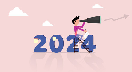 Businessman hope 2024 outlook plan. Flat design character holding a telescope looking at the prospect of achieving goals