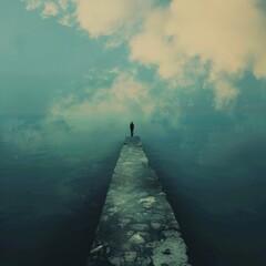 person standing on stone ledge against white clouds on the lake.